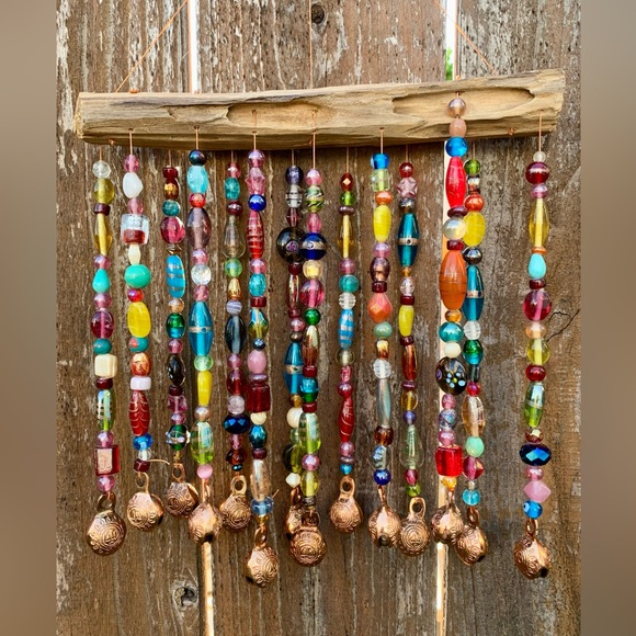 Glass Beads & Bells Wind Chime Sun Catcher Mobile With Driftwood Made To Order - Picture 9 of 10